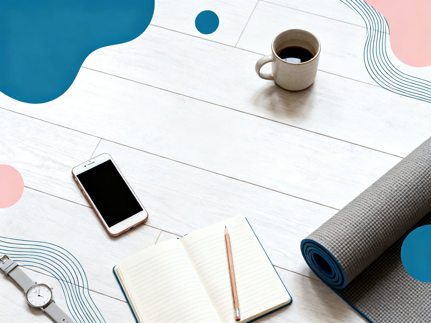 Top-down flat lay on a pale wooden floor of a smartphone lying face-down, an open lined notebook with a pencil, a cerami